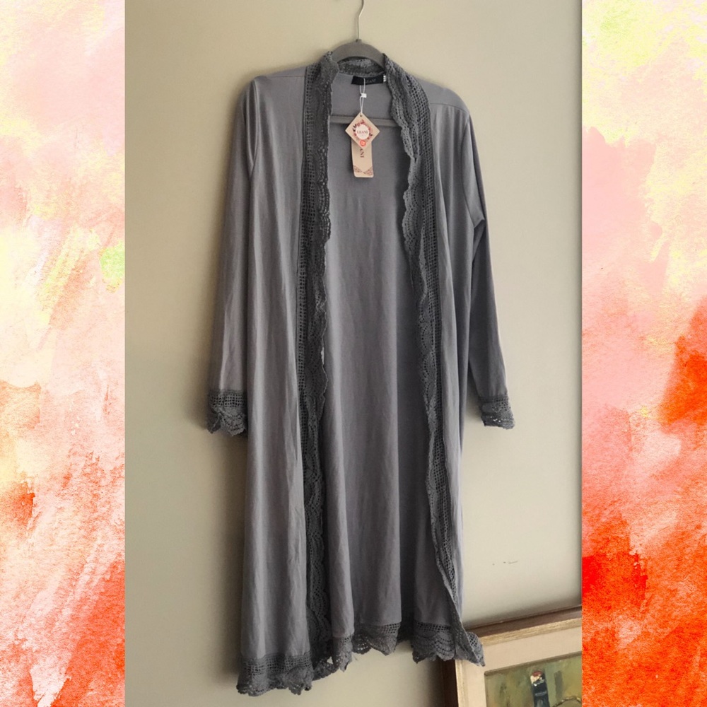 LEANI GREY LACE TRIM LONG SLEEVE CARDIGAN